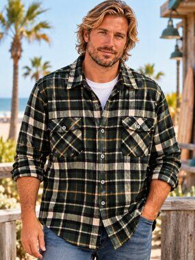 Freedom Foundry Men's XL Green Plaid Fleece Flannel Shirt Jacket XL